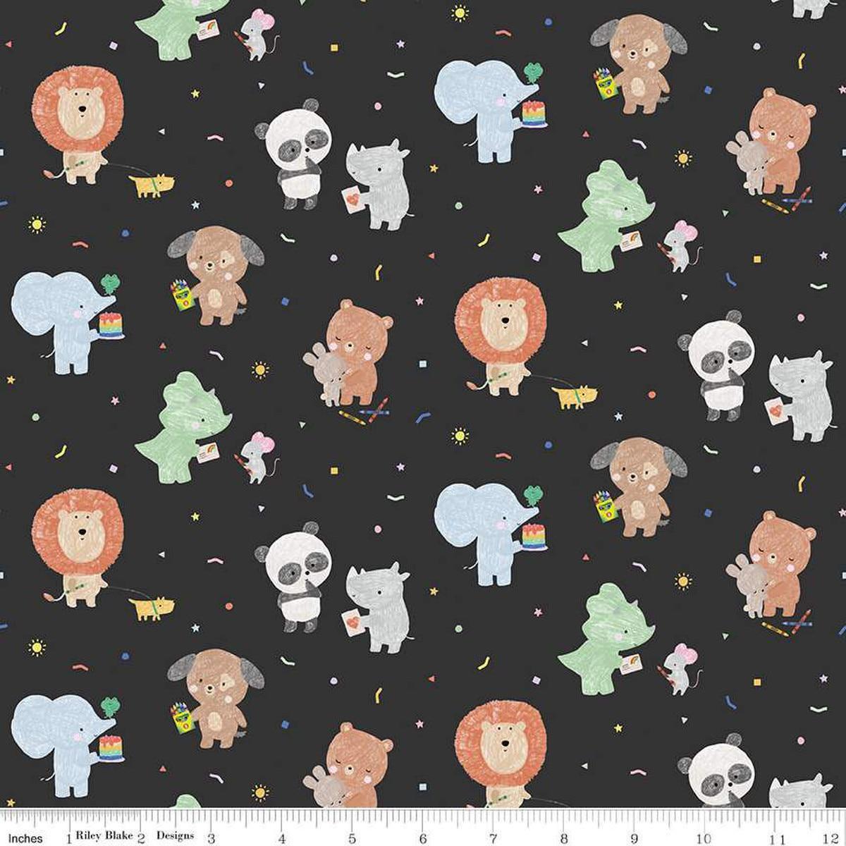 SALE New Box of Crayons Main C16510 Black - Riley Blake Designs - Crayon Drawn Animals Confetti - Quilting Cotton Fabric - Licensed Product