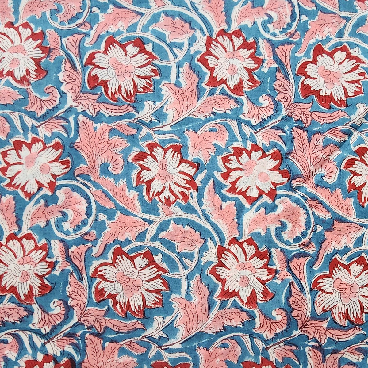 Pure Cotton Jaipuri Blue With Red Flower Jaal Hand Block Print Fabric