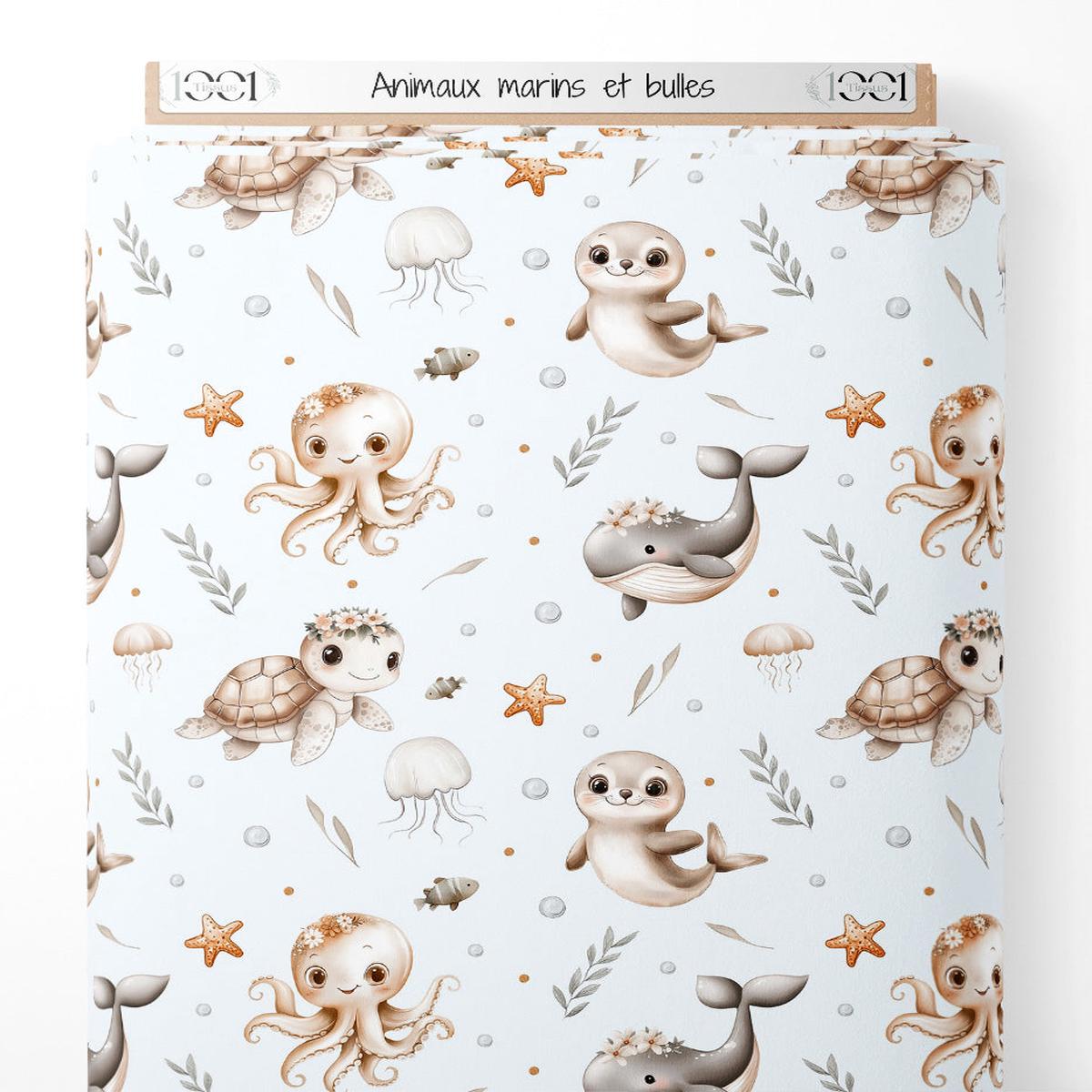 Tissu - Animaux marins et bulles