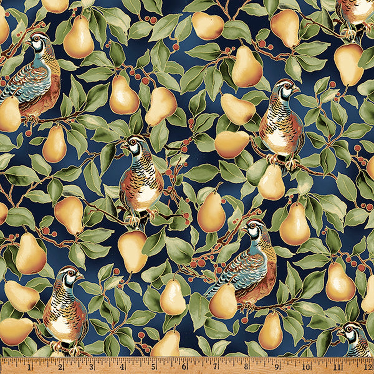 Fabric Hoffman Navy/Gold Pears & Partridges Metallic In a Pear Tree by the Quarter Yard Y7808-19G