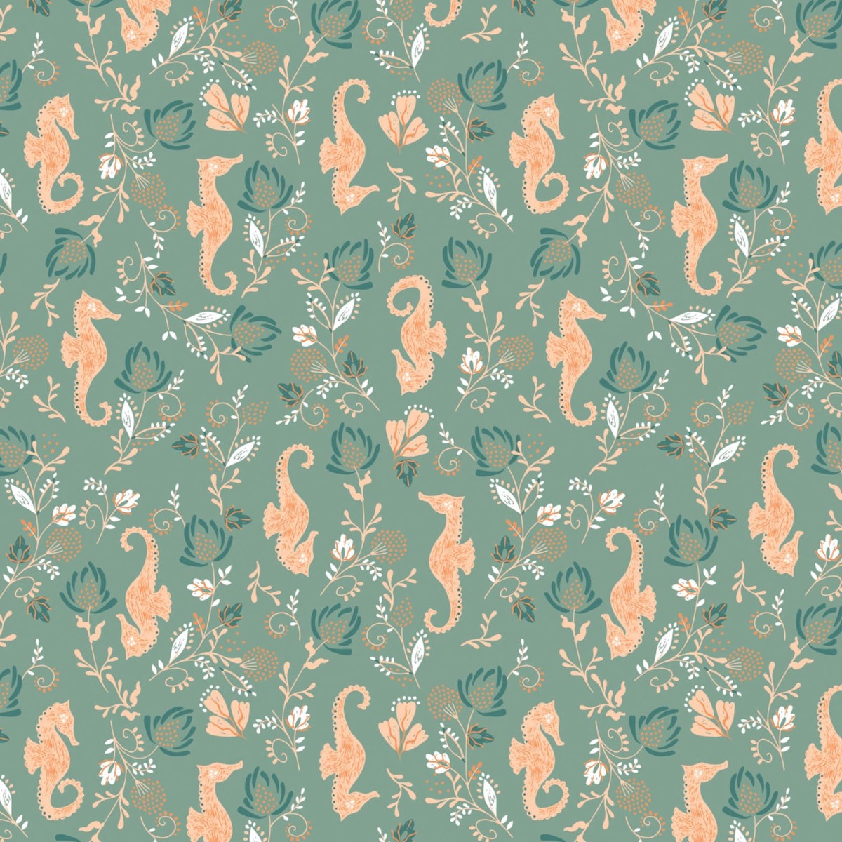 Beachside Pretty Seahorse Sage Green - Camelot Cotton Fabric