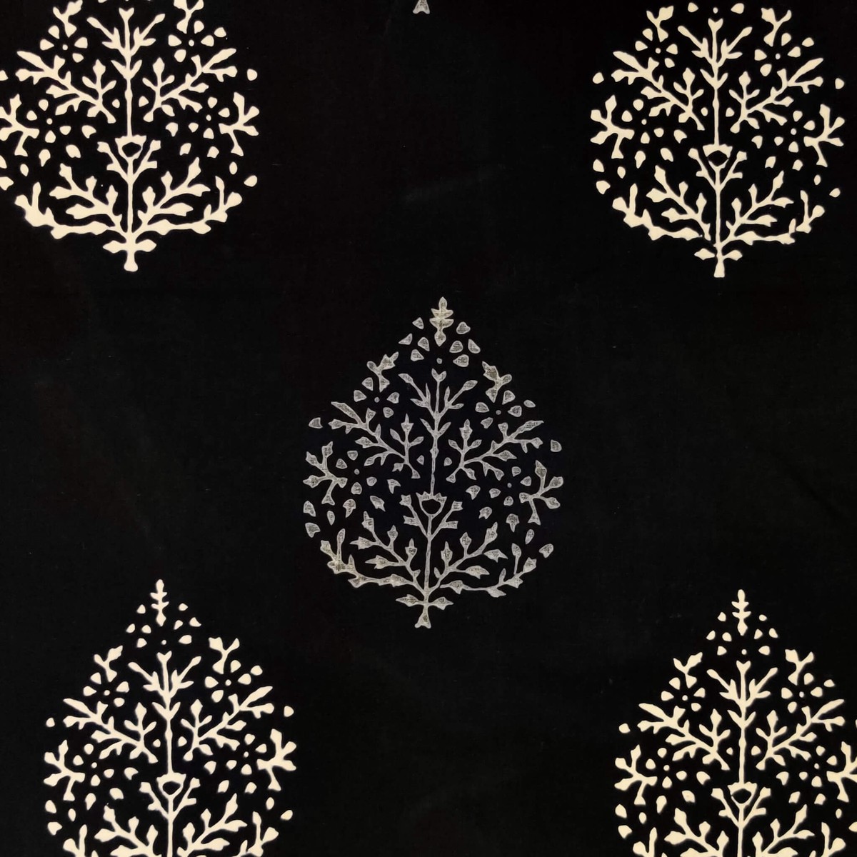 Pure Cotton Black With White And Grey Bloomed Tree Motif Hand Block Print Fabric