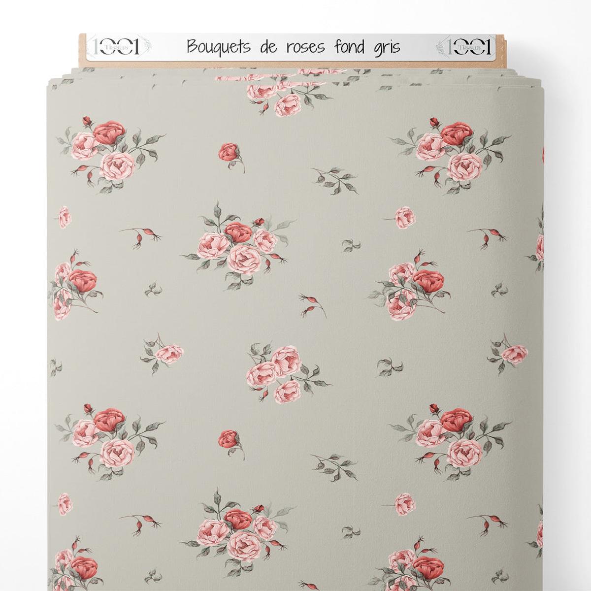 Tissu - Bouquets de roses sur fond gris