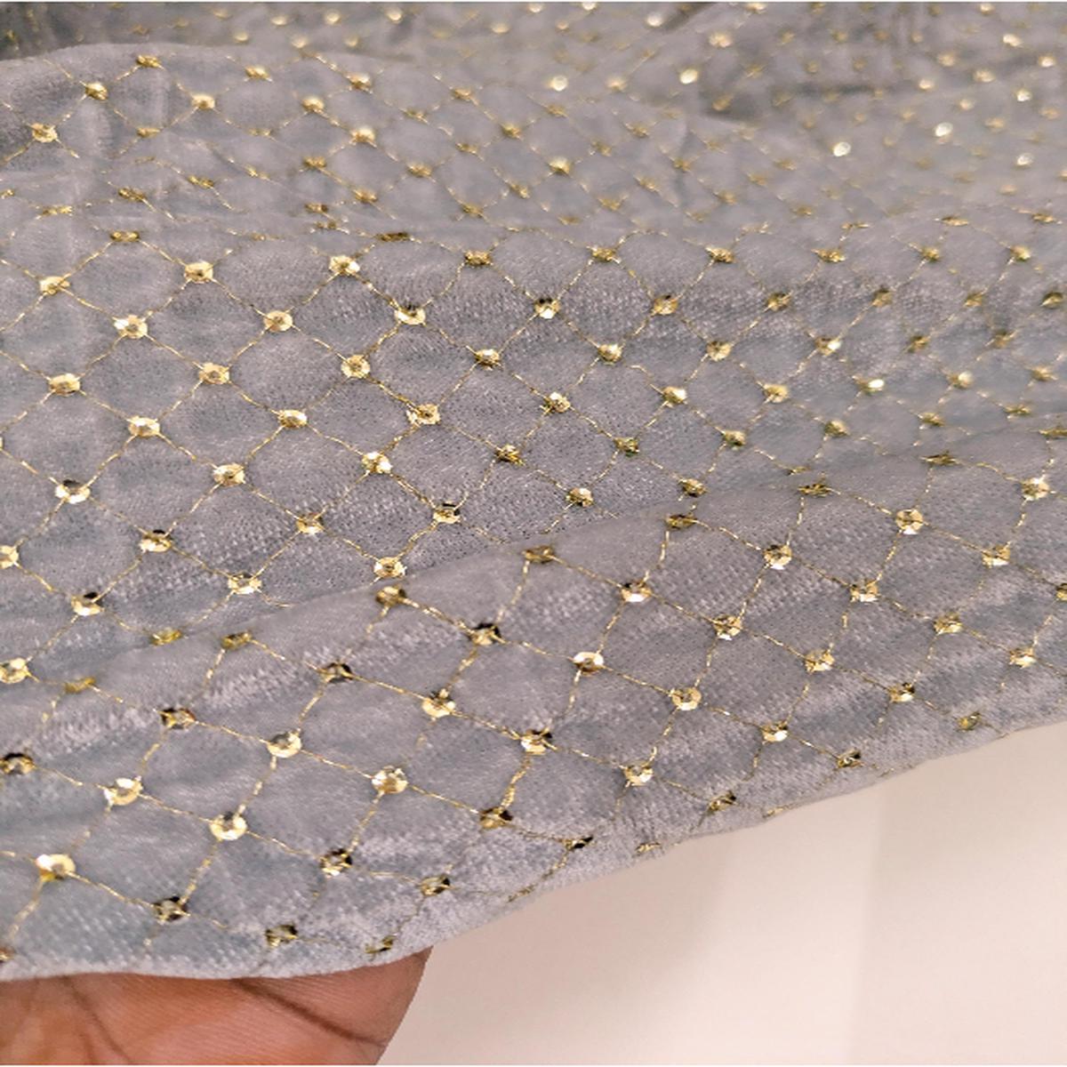 Gray & Gold embroidered velvet fabric, Stretch fabric, Haute couture, Embroidery design, Luxury fabric, Bridesmaid dress - VLTF23