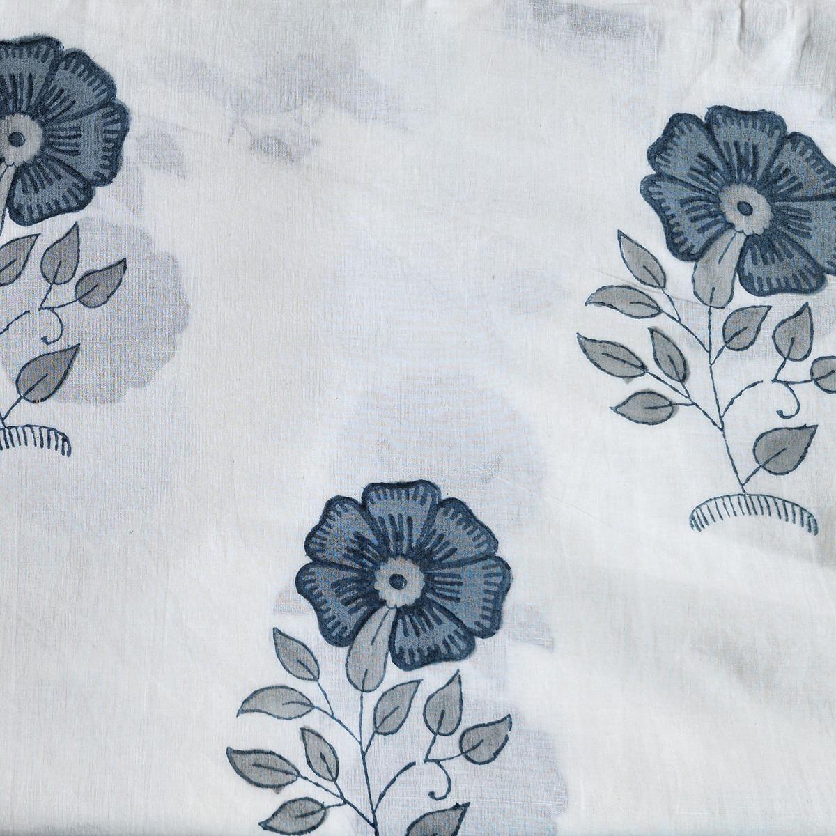 Pure Cotton Jaipuri White With Grey Big Flower Motif Hand Block Print Fabric