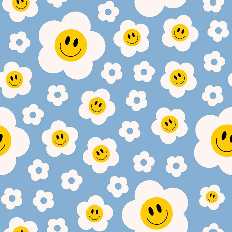 Retro Groovy Smiling Flowers Fabric - Blue