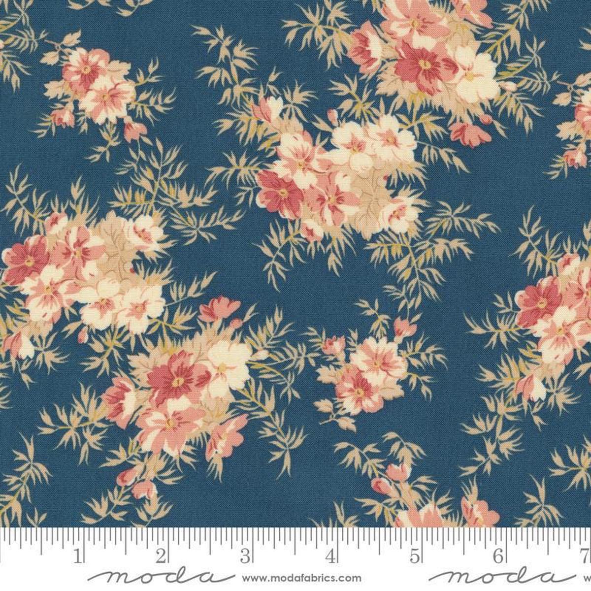 SALE Sandalwood Cassandra 44384 Indigo - Moda Fabrics - Flowers Floral Blossoms Leaves Leaf - Quilting Cotton Fabric
