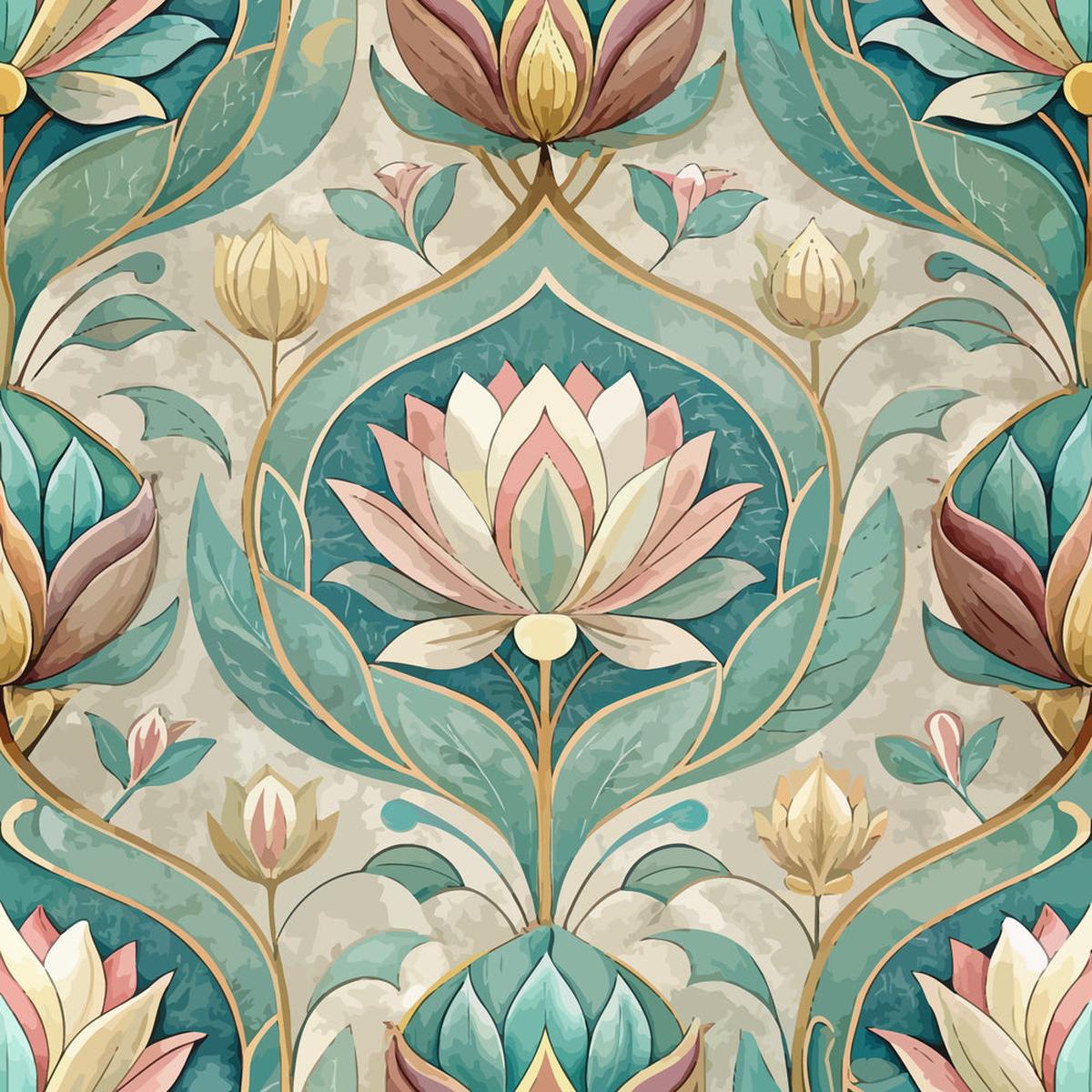 Art Nouveau Lotus Flowers Pattern 1 Quilting Cotton Fabric