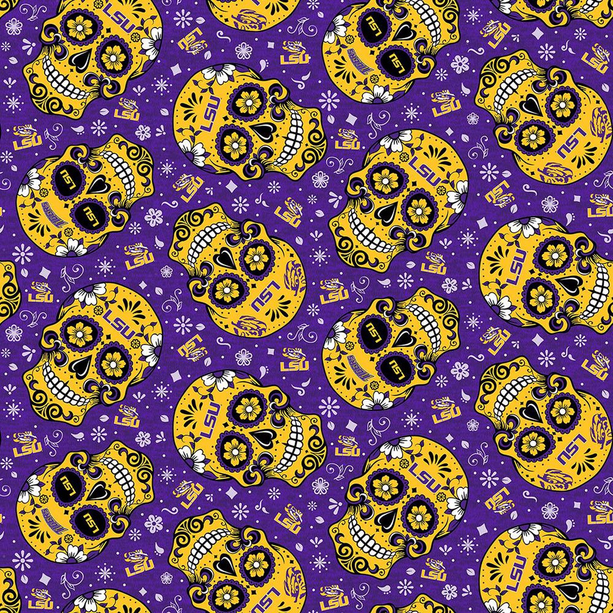 LSU Tigers - Tossed Sugar Skull 44"/45" Fabric per yard