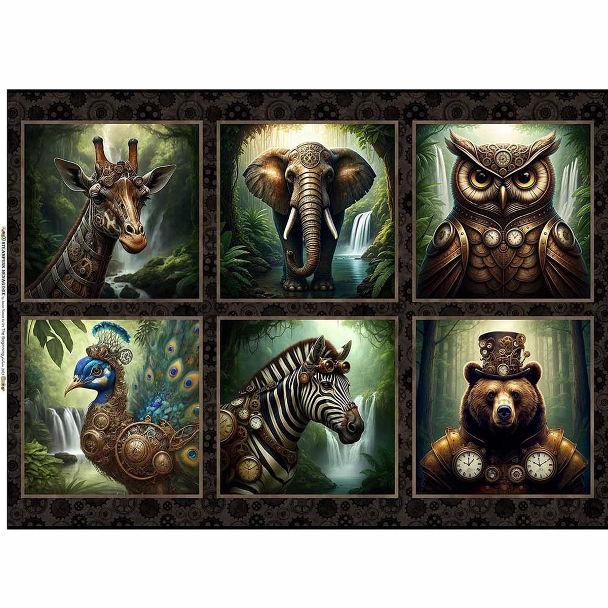 In The Beginning Fabrics - Steampunk Menagerie - Animal Gears Block Panel - 32" x 44"