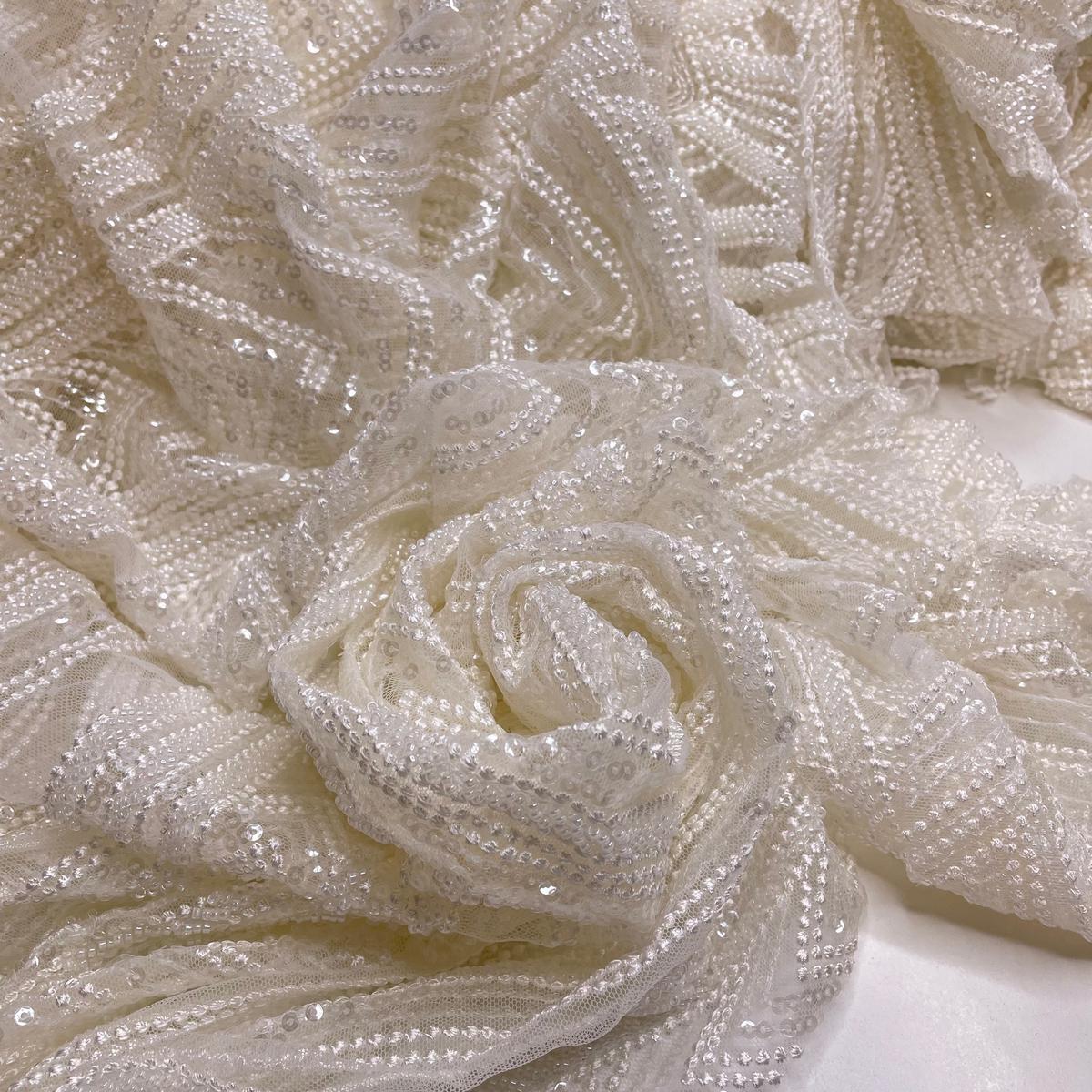 Panoramic Crystals - Beaded Embroidered Lace Poly Woven - Cream/White Geometric - 12 Lb Pack