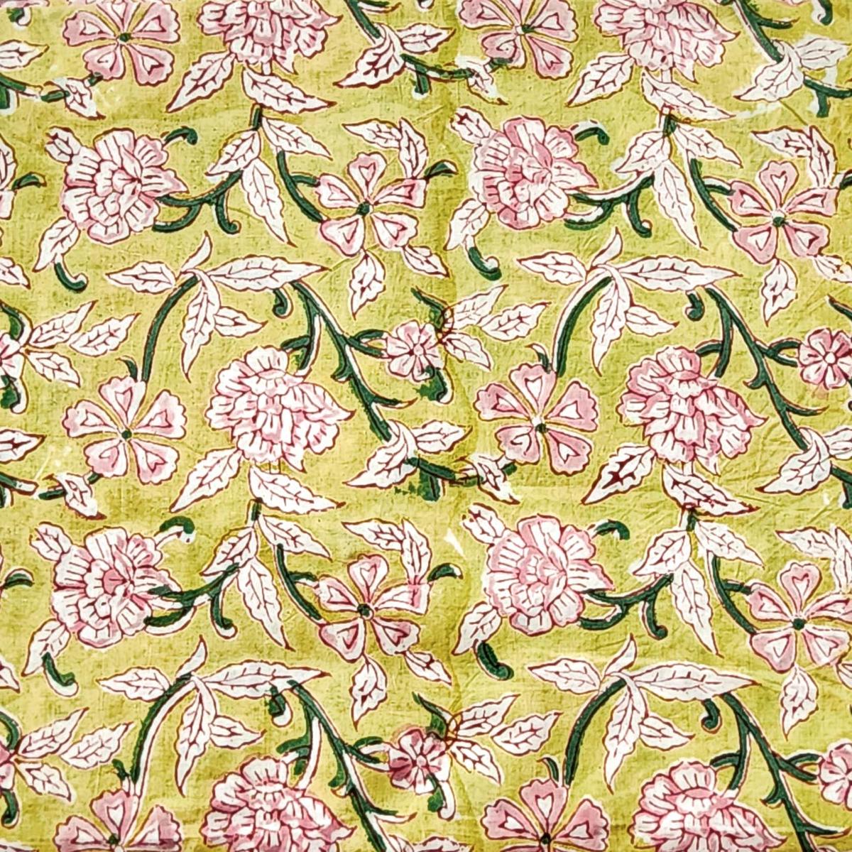 Pure Cotton Jaipuri Green With Pink Chain Rose Flower Jaal Hand Block Print Fabric