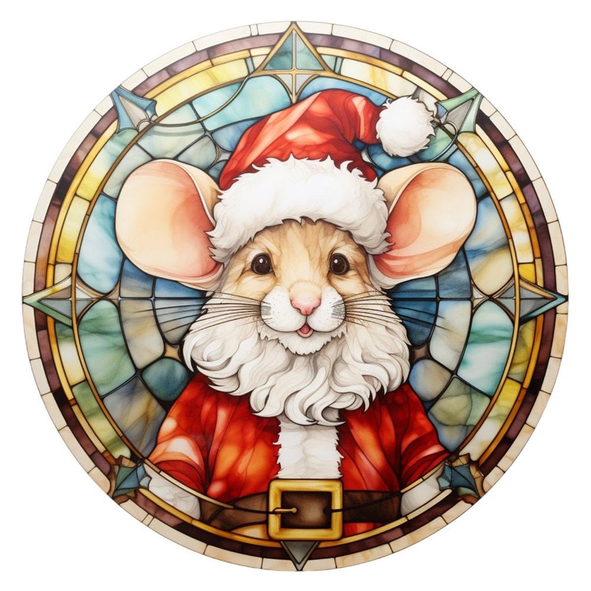 Stained Glass Santa Mouse Fabric Panel