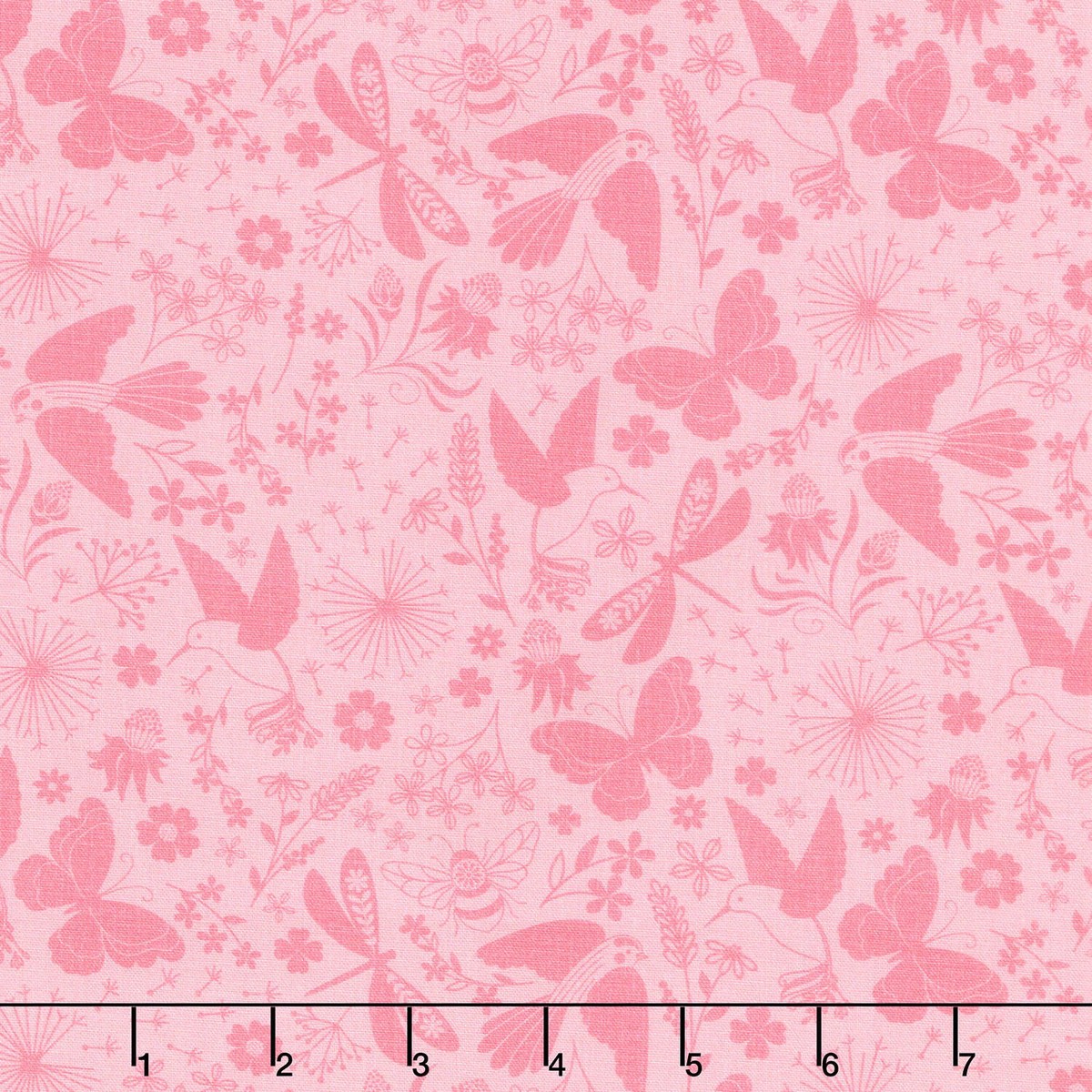 Ingrid's Wildflowers - Packed Tonal Birds and Insects Pink Yardage