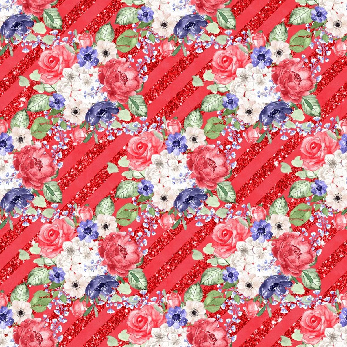 4th of July Floral on Stripes Fabric - Red