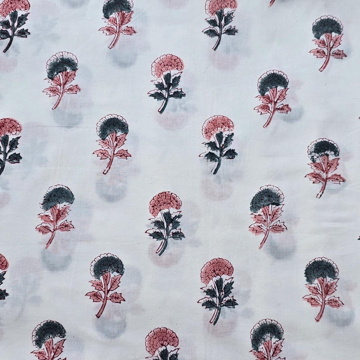 Pure Cotton Jaipuri White And Green Flower Plants Motif Hand Block Print Fabric