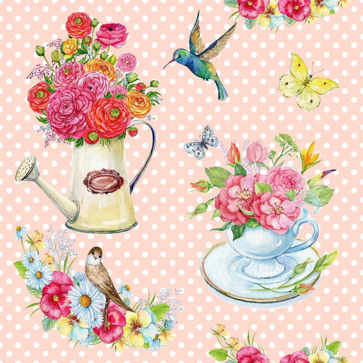 Tea Party Bouquet Dots Fabric - Pink