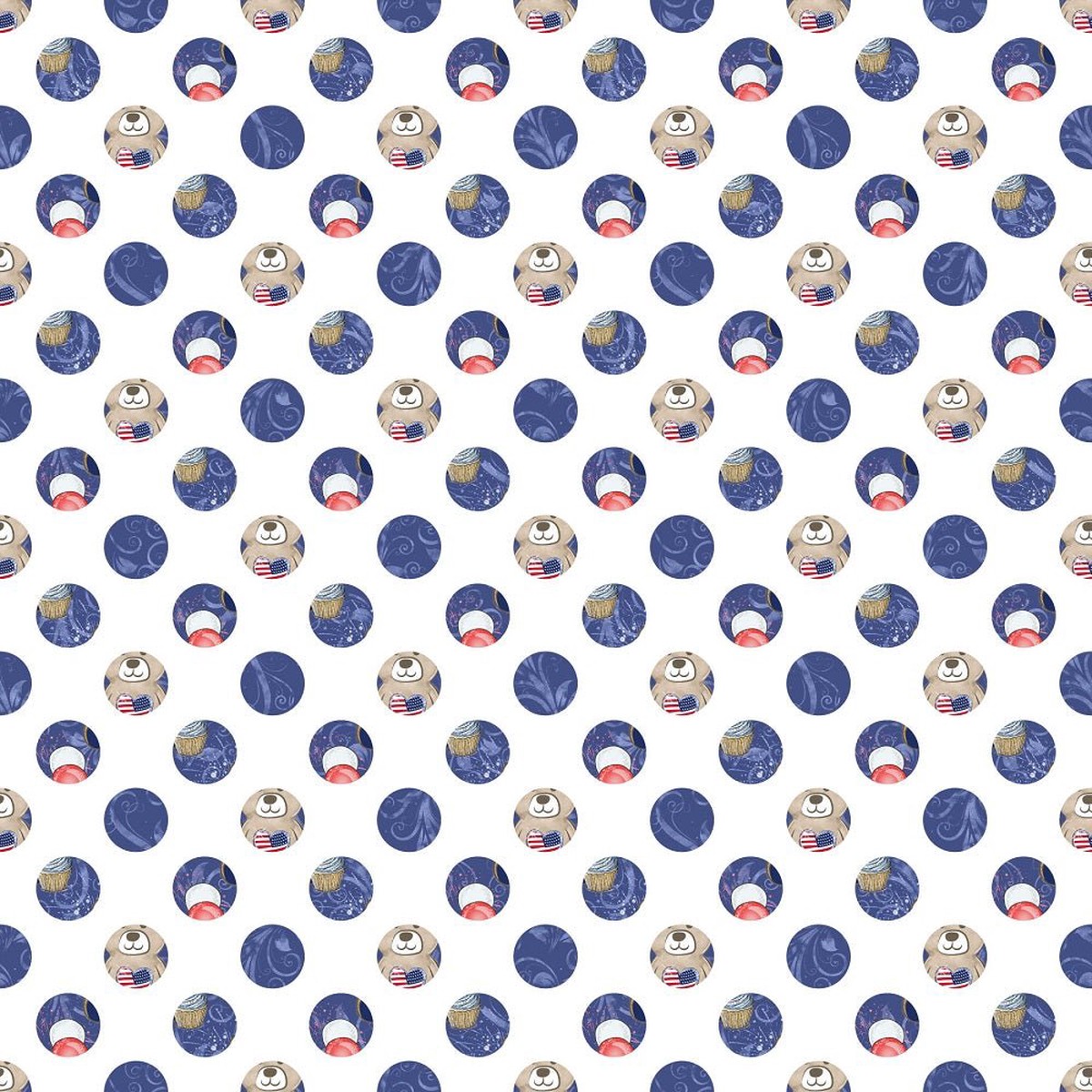 Cute Patriotic Bears Dots Fabric - Blue