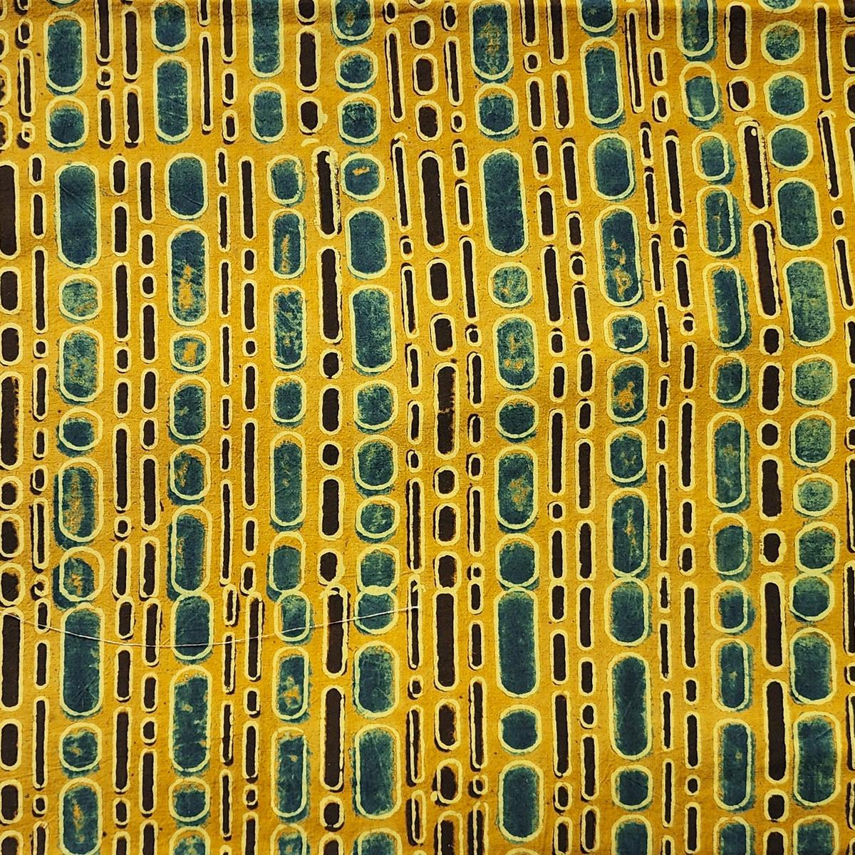 Pure Cotton Ajrak Yellow With Green Big And Small Bubbles Hand Block Print Fabric