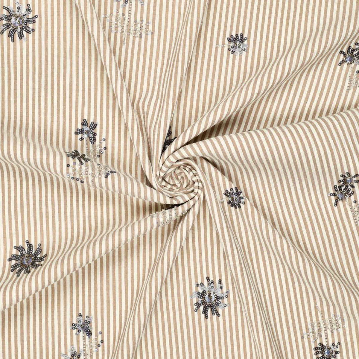 Beige striped shirt fabric with elastane and embroidered beads 135 g/m