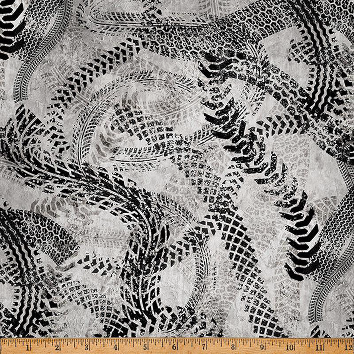 Fabric Hoffman Gray Tire Tracks Hammer Down by the Quarter Yard 48