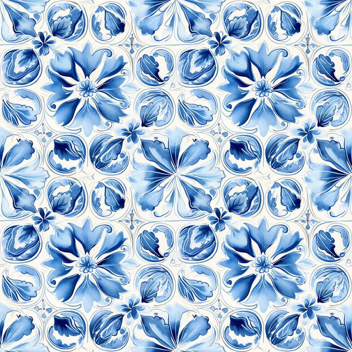 Blue Handpainted Tiles Pattern 2 Quilting Cotton Fabric