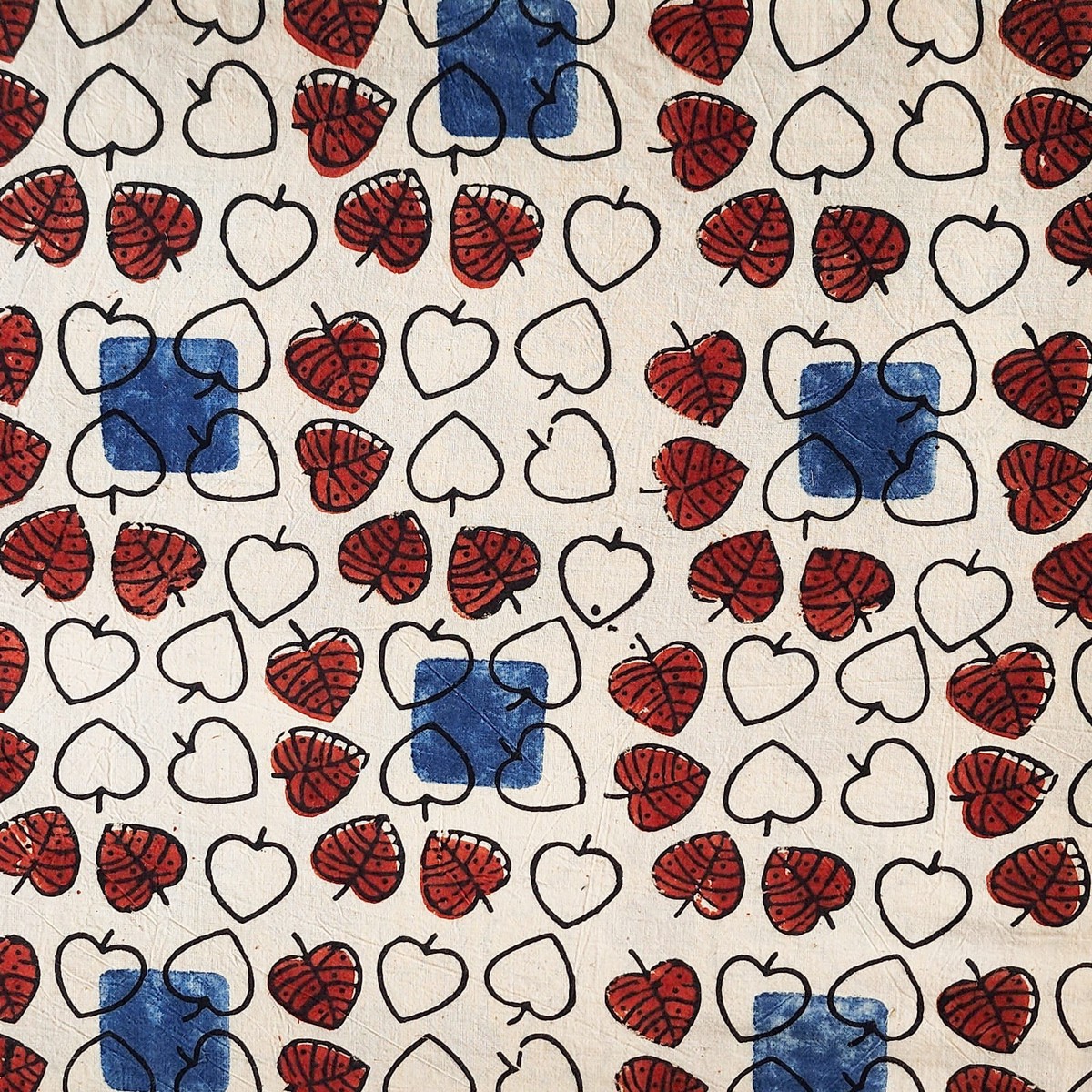 Pure Cotton Ajrak Off White With Red Leaves Motif Hand Block Print Fabric
