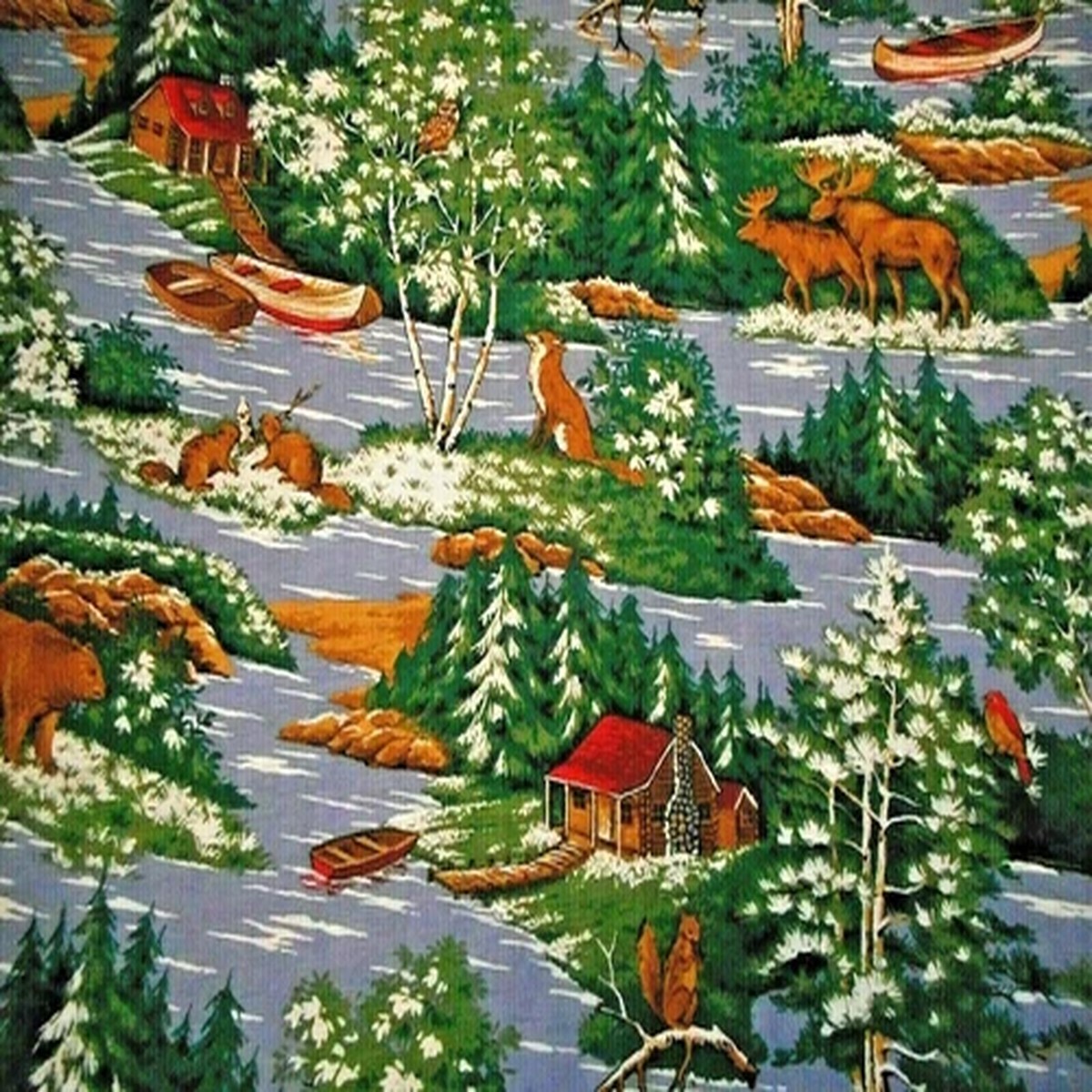 Quilt Fabric By Yard Cabin Lodge Moose Bear Water Trees Animal Scenic Cotton #C