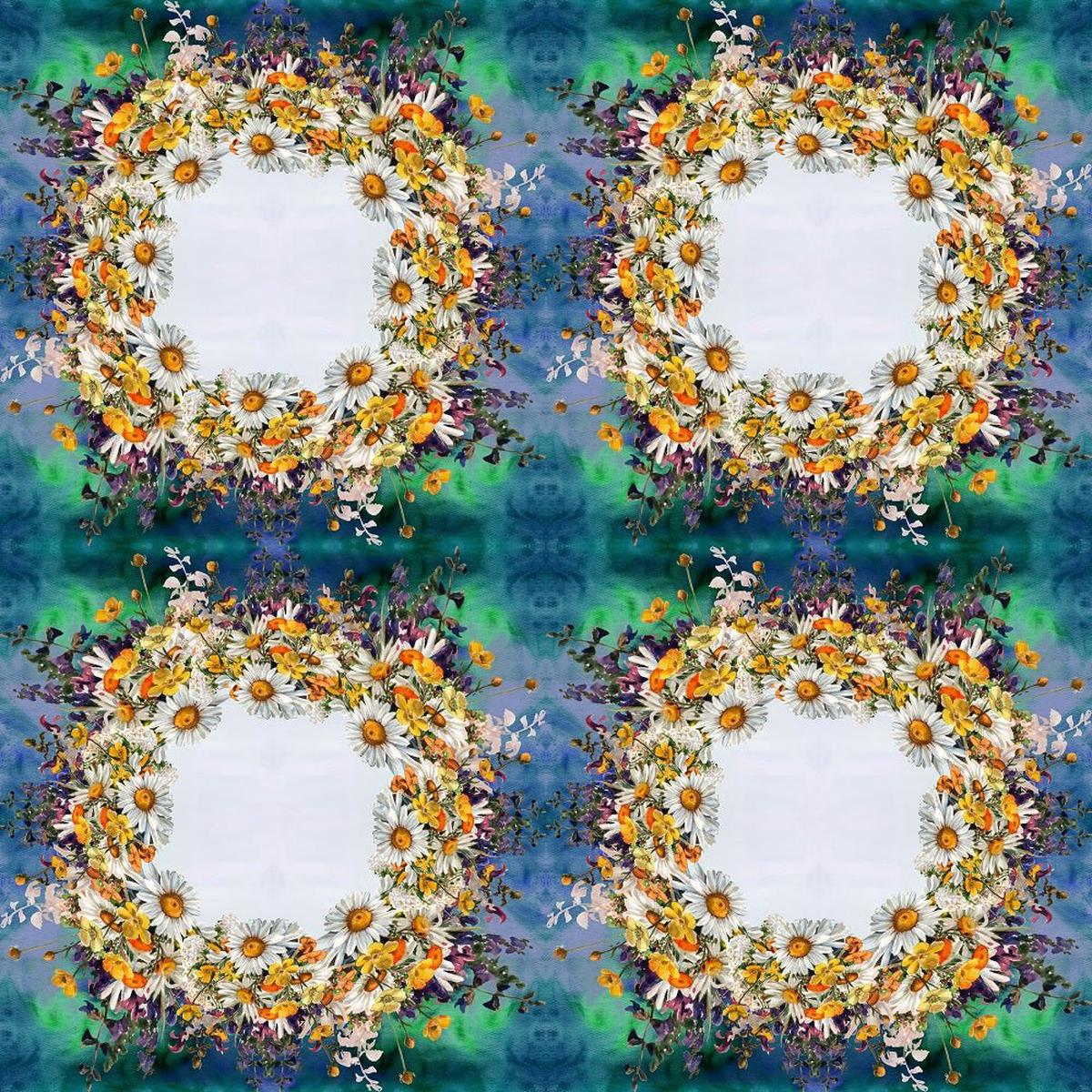 Chamomile Flowers Herbs Wreath Fabric - BlueGreen