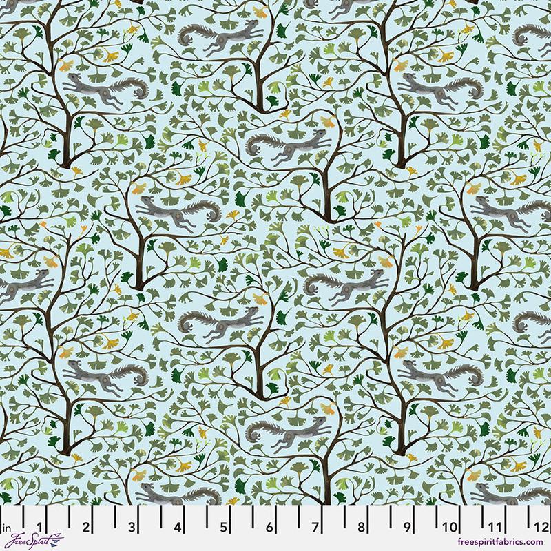 Backyard Wonders Quilt Fabric - Gingko Acrobat Squirrels in Sky Blue - PWAT004.SKY