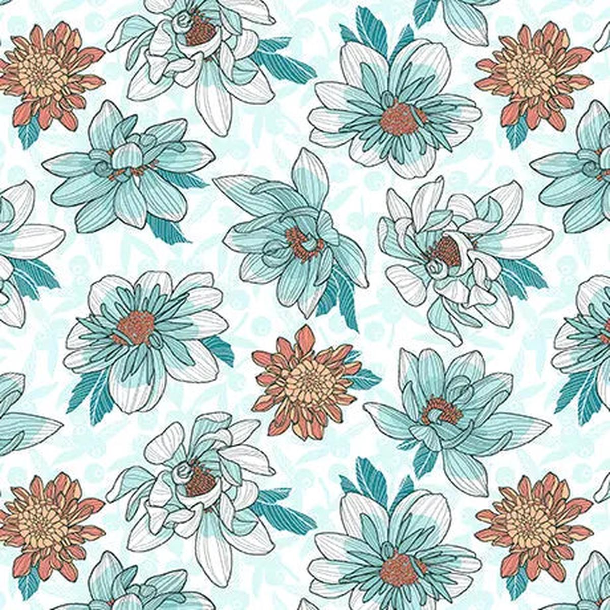 White Dahlias at Dusk Floral Toss Cotton 44"/45" Fabric Per Yard