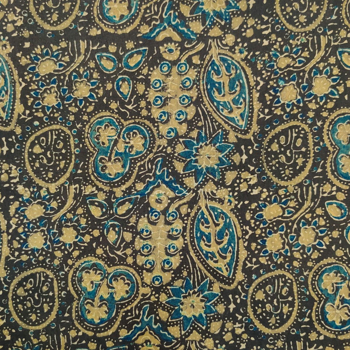 Pure Cotton Ajrak Dark Brown With Wild Fruits And Flowers Jaal Hand Block Print Fabric