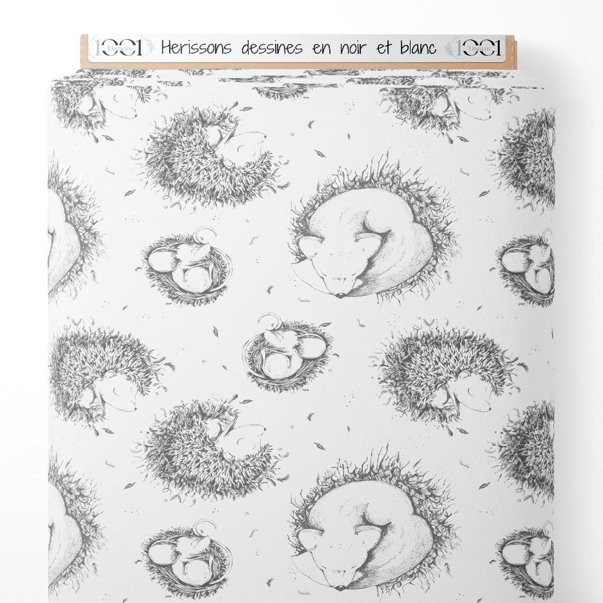 Tissu - Hrissons dessins en noir et blanc