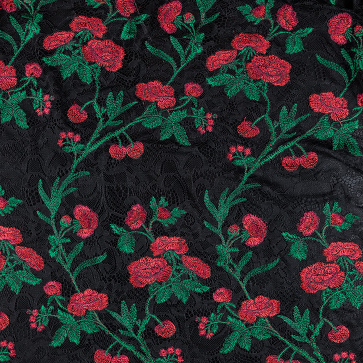 Embroidered Cherry Lace on Black - Per Metre
