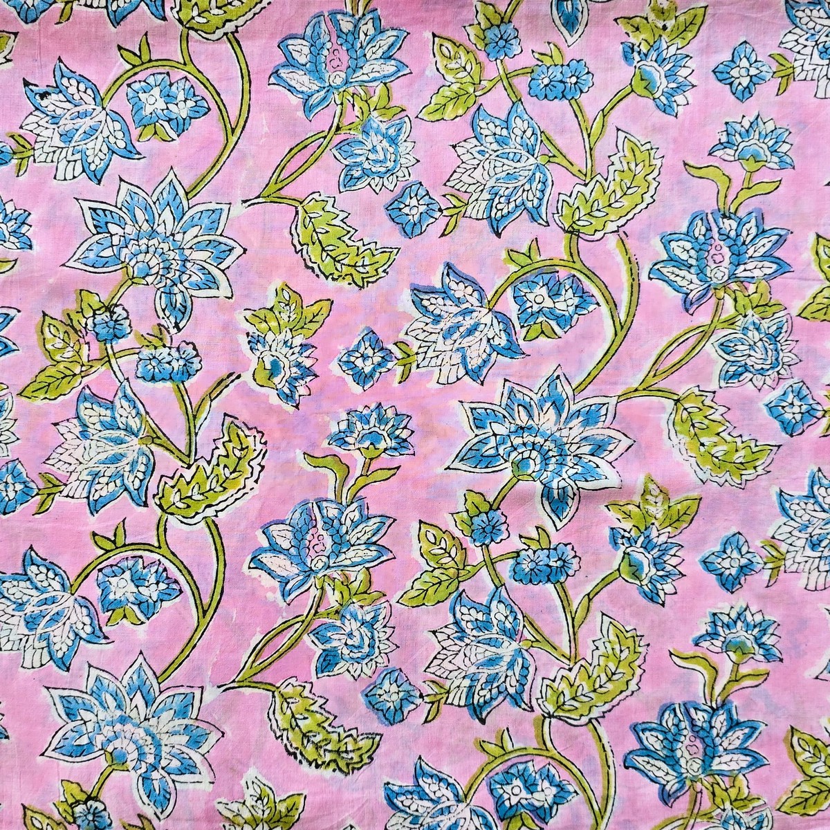 Pure Cotton Jaipuri Baby Pink With Blue Flower Jaal Hand Block Print Fabric