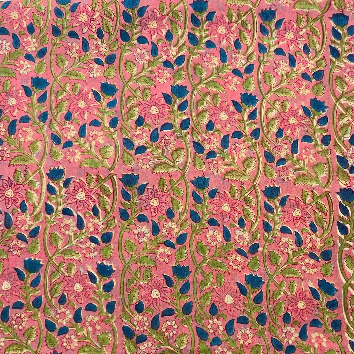 Pure Cotton Mul Jaipuri Pink Peach With Flower Creeper Jaal Hand Block Print Fabric