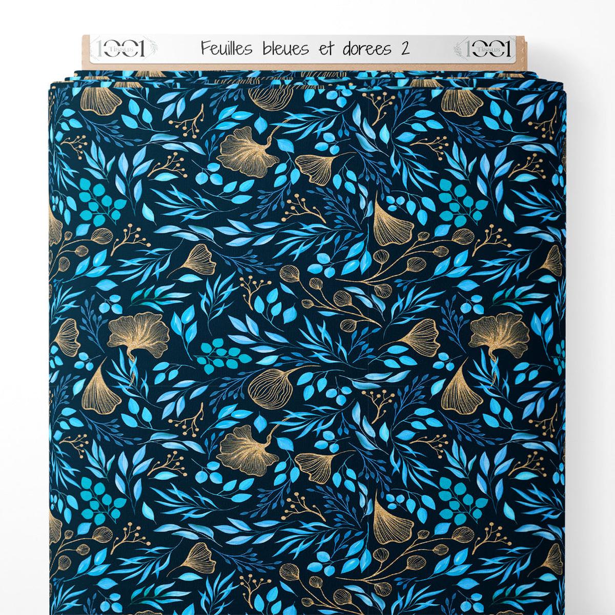 Tissu - Feuilles bleues et dores 2