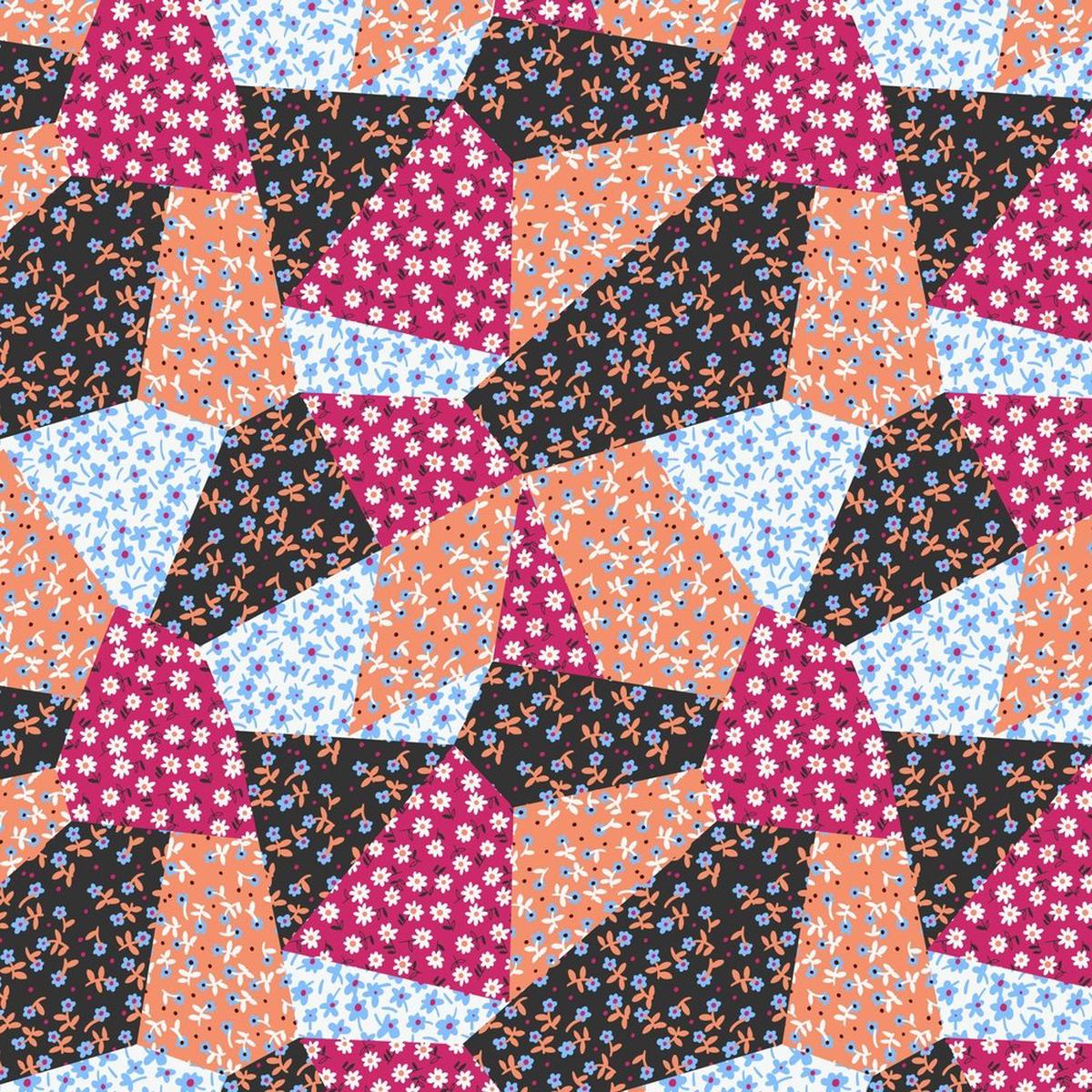 Patchwork Daises Fabric - Dark Pink