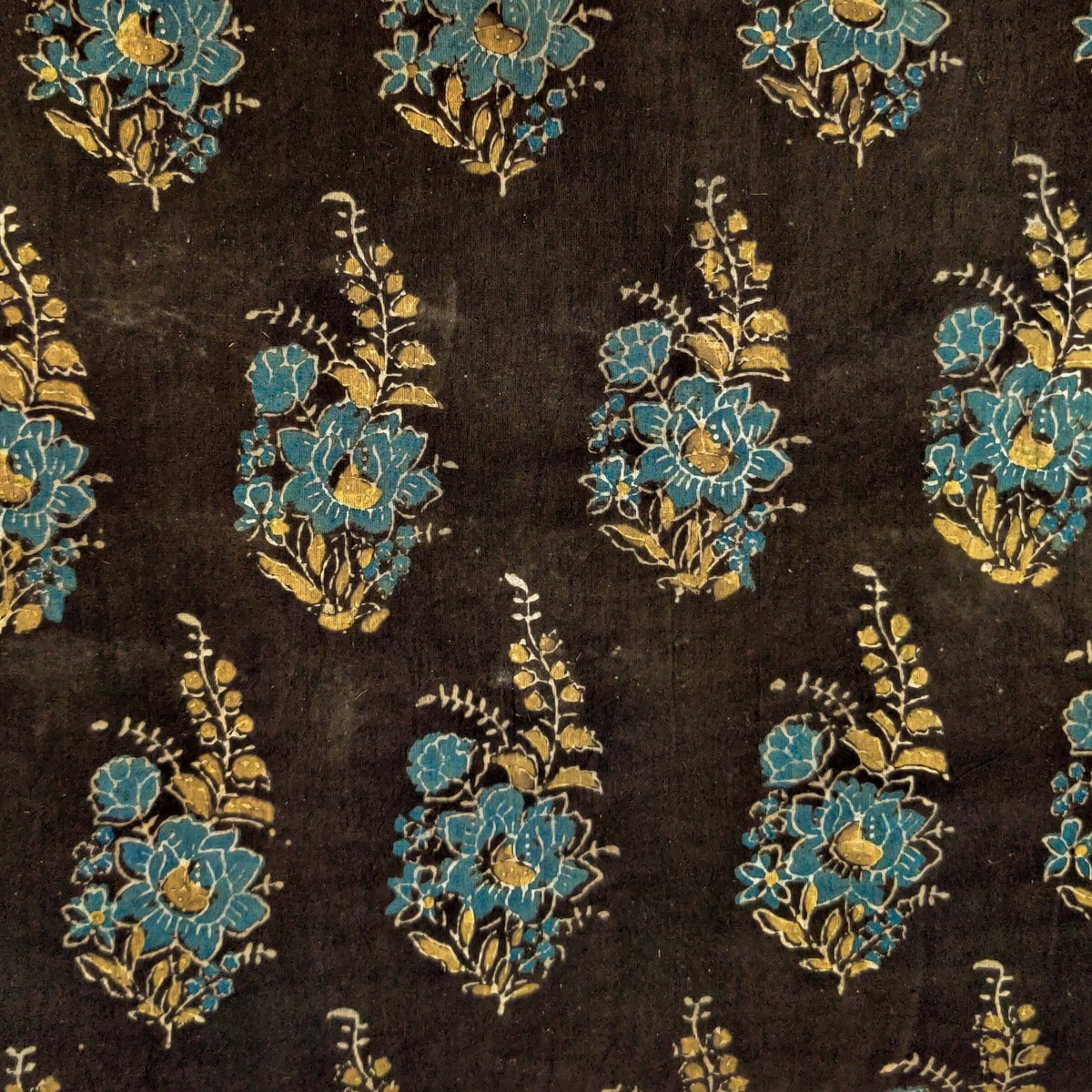 Pure Cotton Ajrak Dark Brown With Blue Flower Bouquet Hand Block Print Fabric