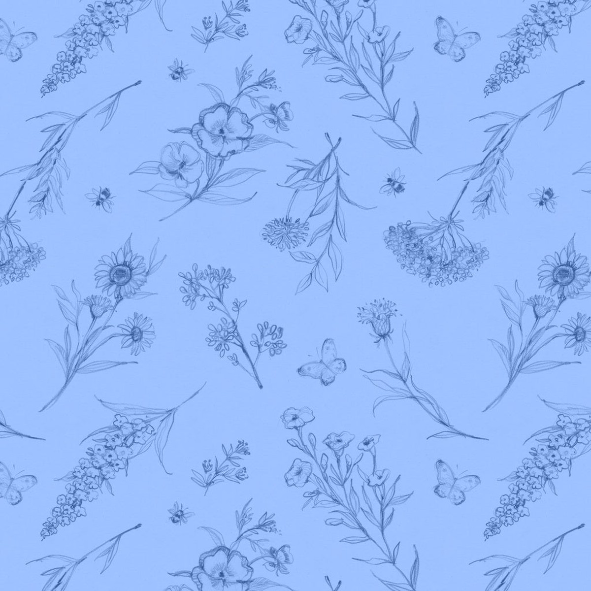 Fabric Lumin White Owl Textiles Blue Wildflowers Amalfi Coast by the Quarter Yard W105-005-505