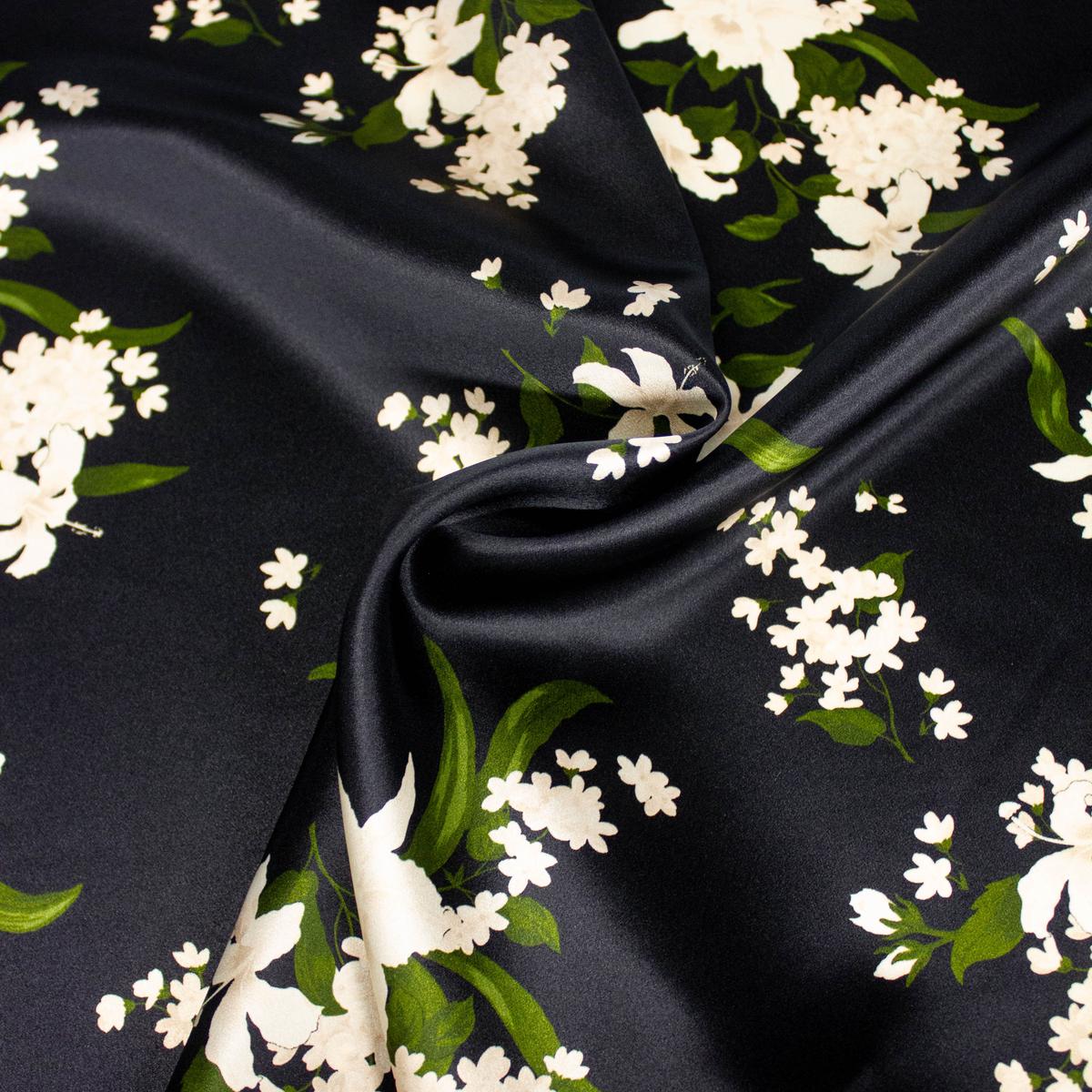Mart Black Floral Silk Satin Fabric