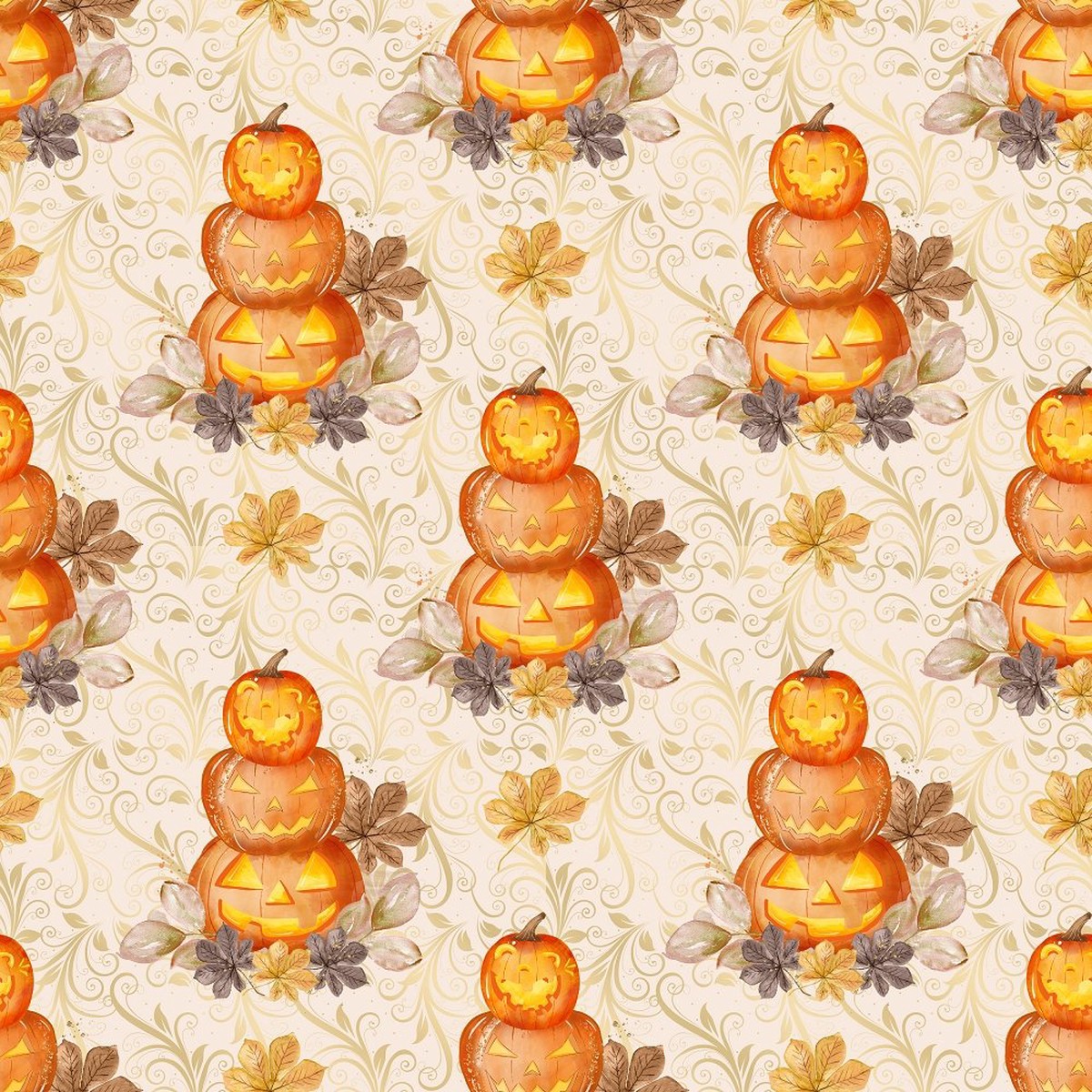 Stacked Jack-O-Lanterns on Vines Fabric - Tan