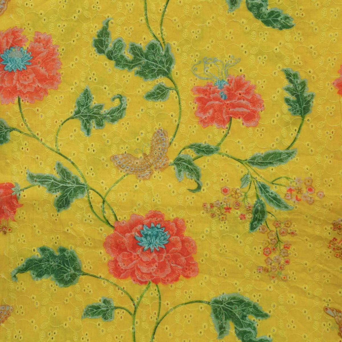 ( Width 44 Inches ) Pure Cotton Hakoba Dark Yellow With Orange With Green Jaal Hand Block Print Fabric