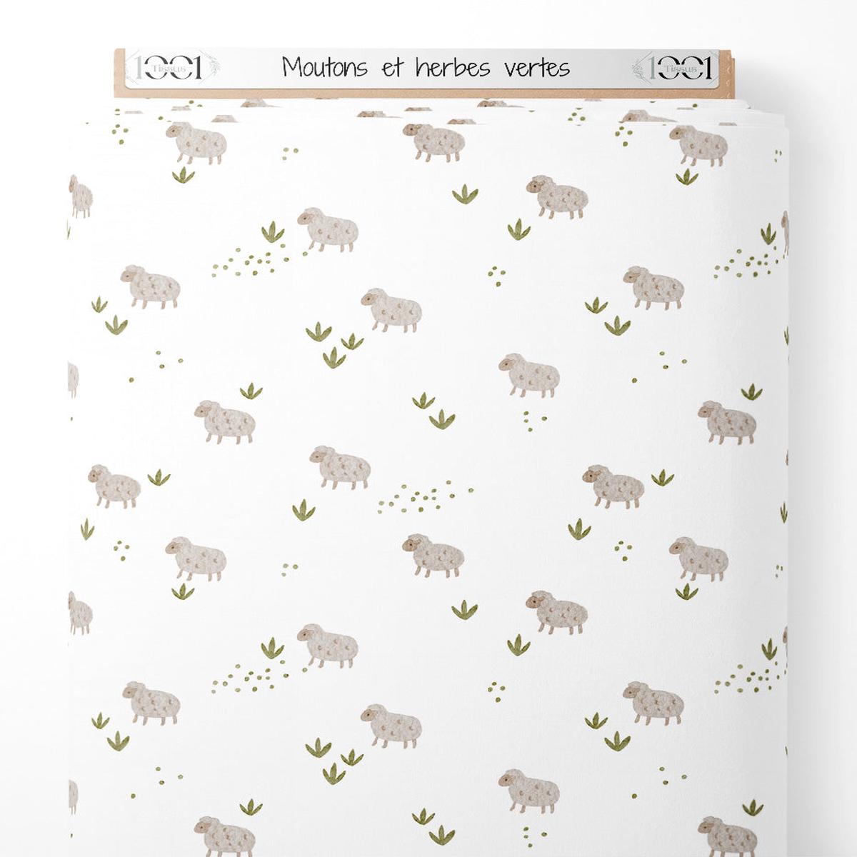 Tissu - Moutons et herbes vertes
