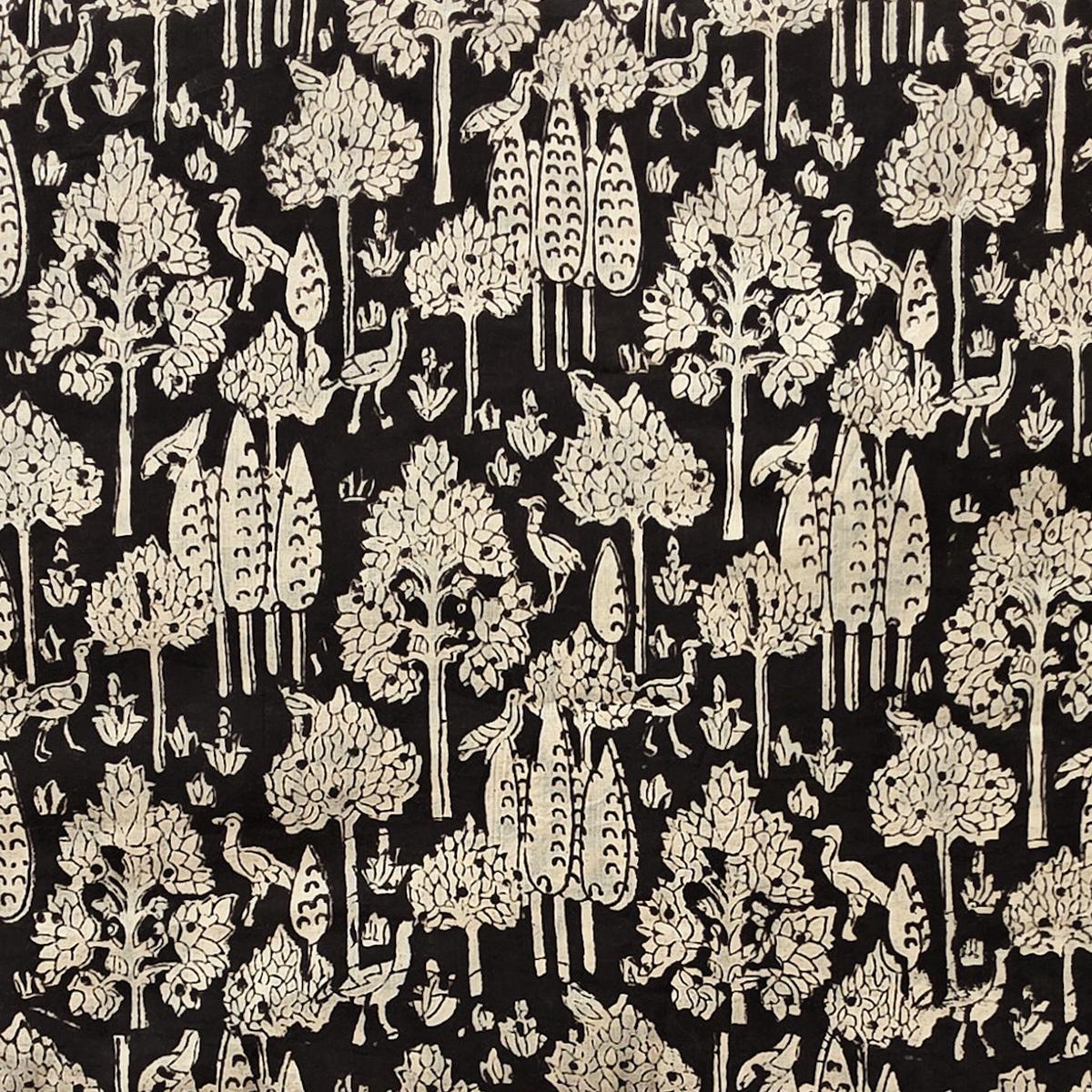 Pure Cotton Mul Bagru Black With Cream jungle Hand Block Print Fabric