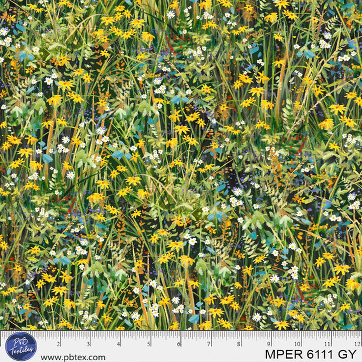 Green / Yellow Floral Meadow Perch MPER-6111-GY Cotton 44/45 Fabric Per Yard