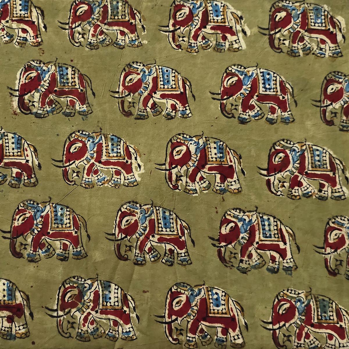 Pure Cotton Kalamkari Mehandi Green With Red Elephant Hand Block Print Fabric