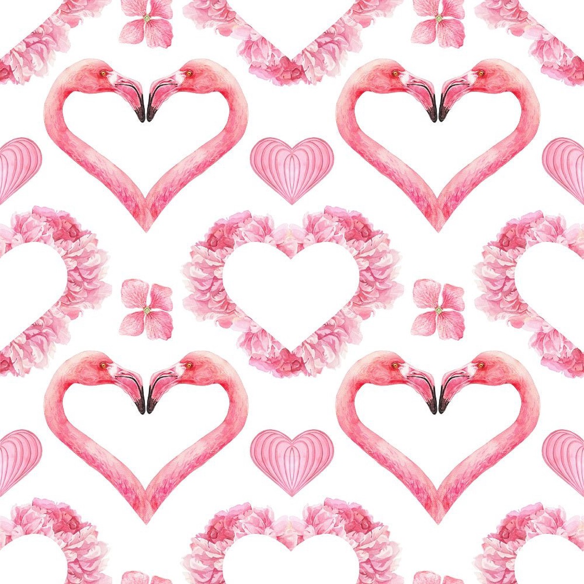 Tropical Love Heart Flamingos Floral Fabric - White