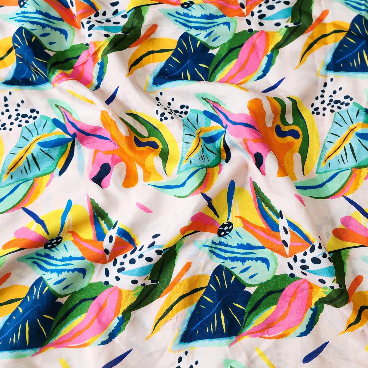 Viscose Muslin Floral Leaves Screen Print Fabric