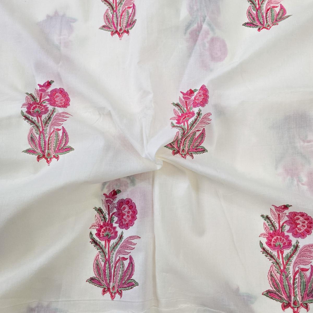 Pure Cotton Jaipuri Off White With Pink Flower Motif Hand Block Print Fabric